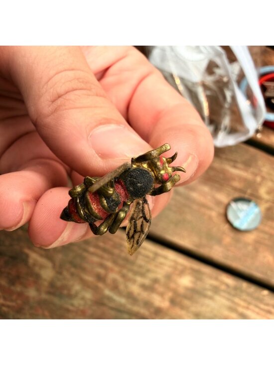 Made in Korea Accessories - Vintage Brass & Enamel Bee Brooch Pin With Red & Black Stripes And Wing Detail